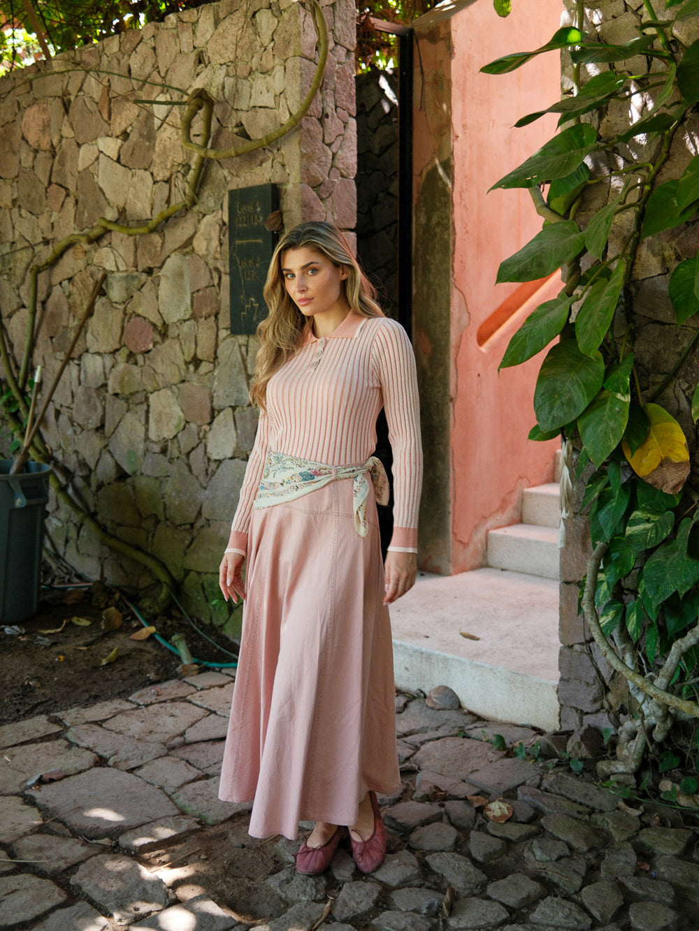 Denim Yoke Circle Skirt-Washed Pink