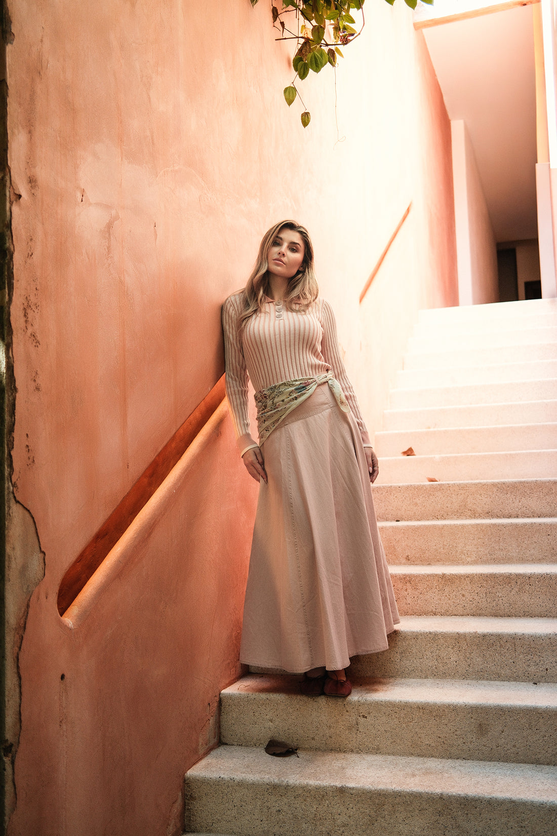 Denim Yoke Circle Skirt-Washed Pink