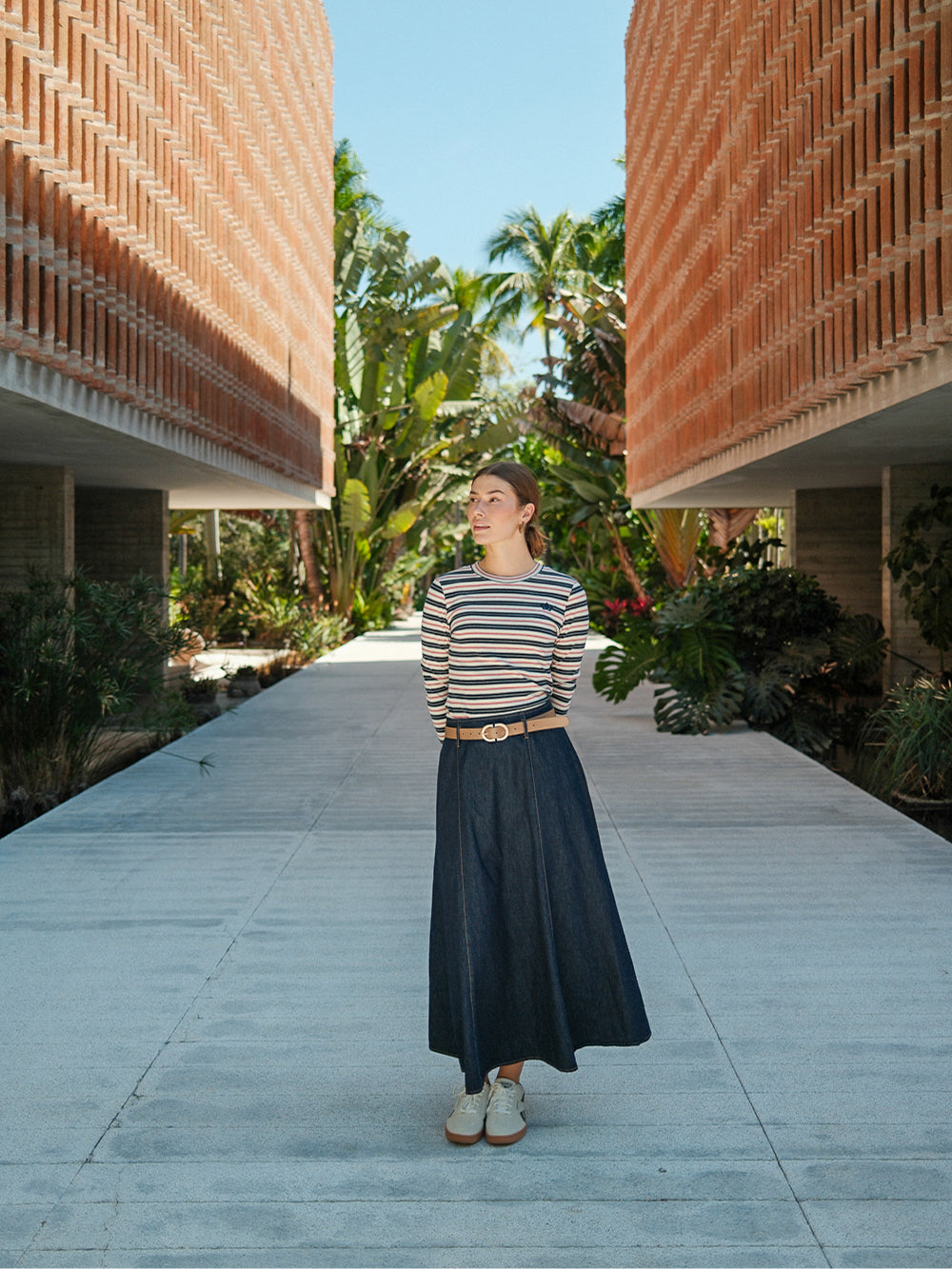 A-Line Seamed Denim Skirt-Blue