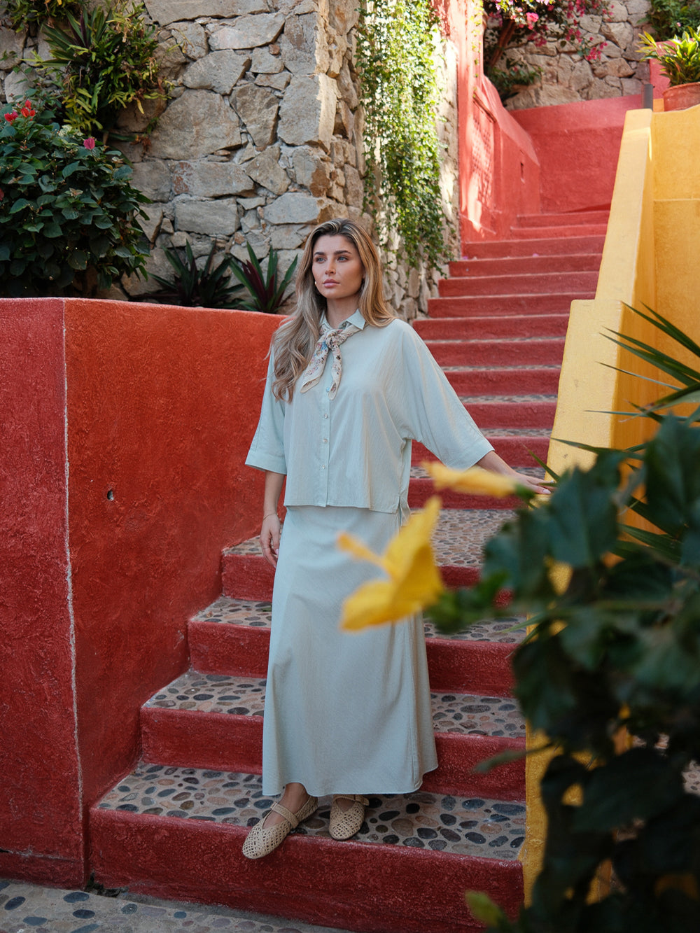 Boxy Dolman Sleeve Crinkle Blouse-Mint Green