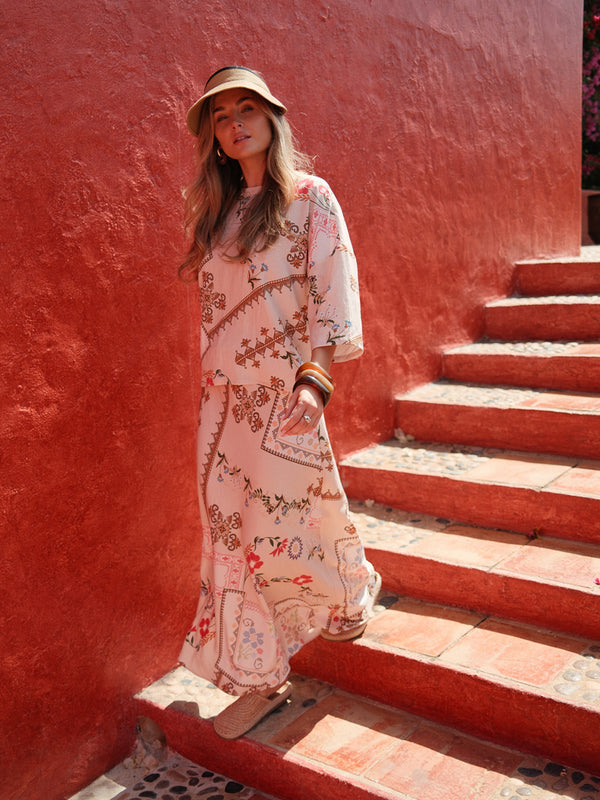 Printed Linen Blend Slip Skirt-Aztec Floral