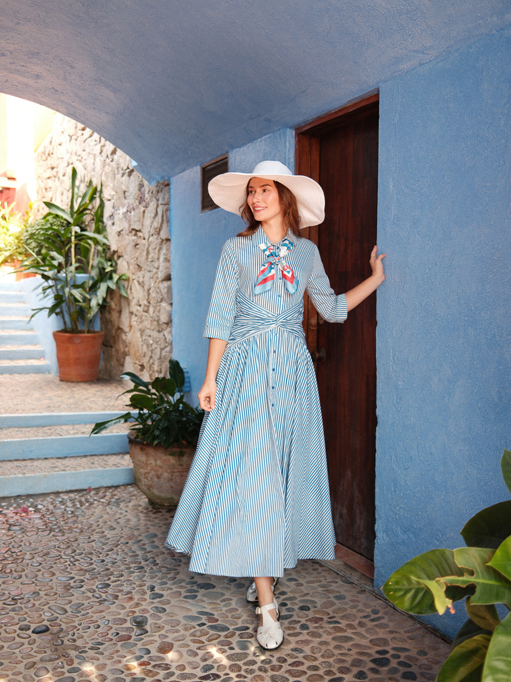 Ruched Knot Dress-Blue/White Stripe