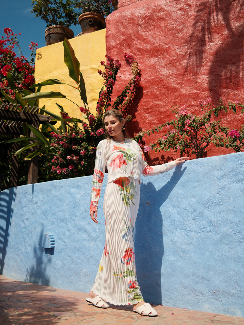 Wave Design Slip Dress-Coral Flower