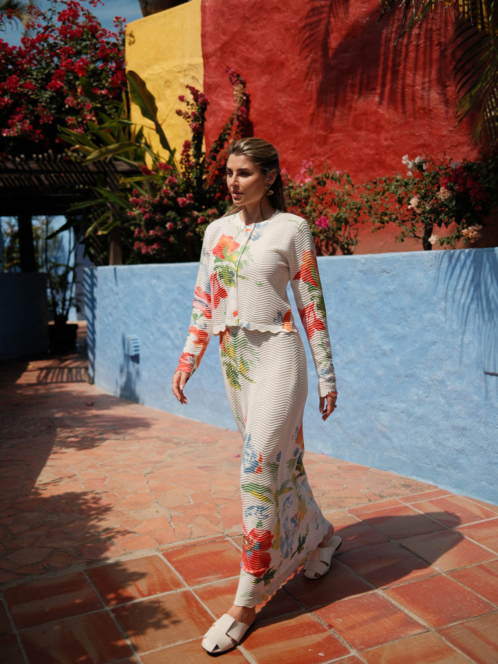 Printed Wave Cardigan-Coral Flower