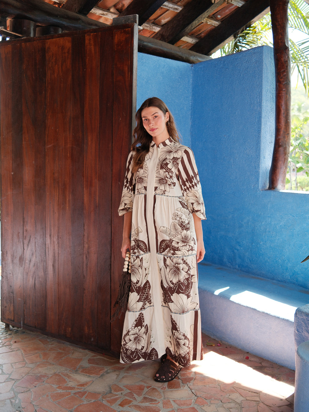 Peasant Belted Dress-Brown Floral