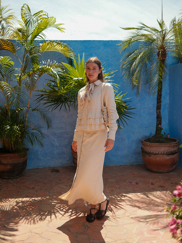 Straight Button Down Maxi Skirt-Cream 27 inch