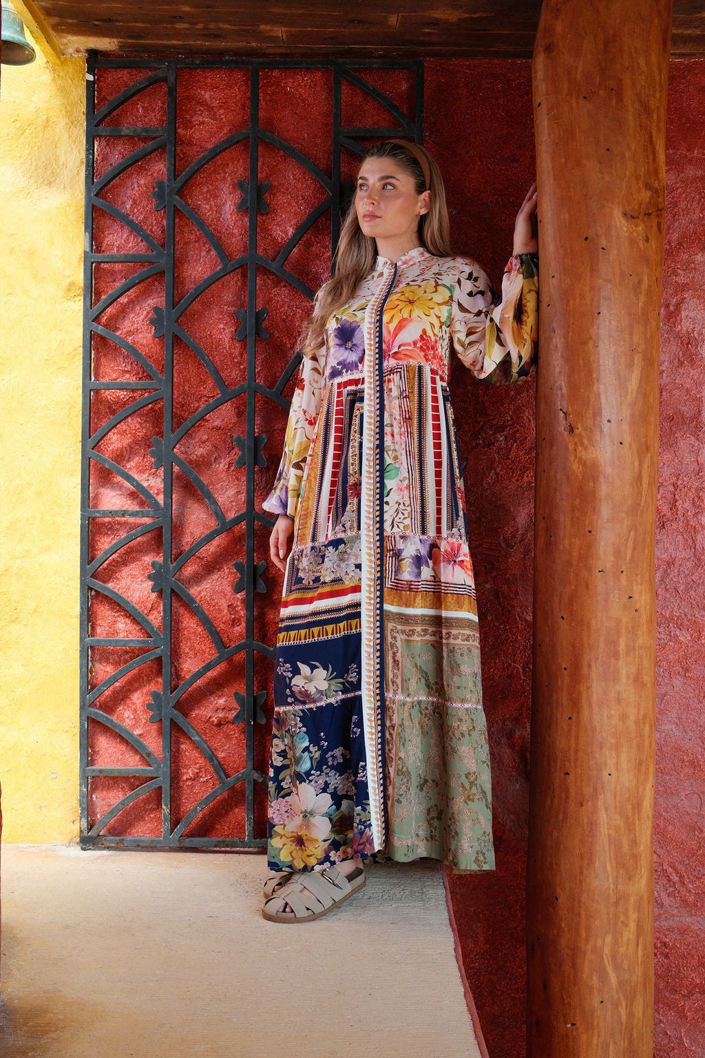 Peasant Belted Dress-Multi Colored