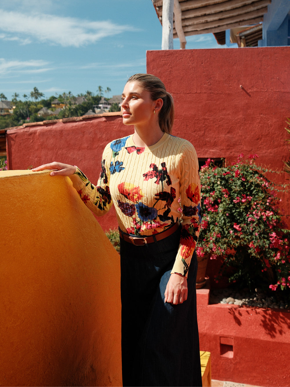 Printed Cable Sweater-Vibrant Floral