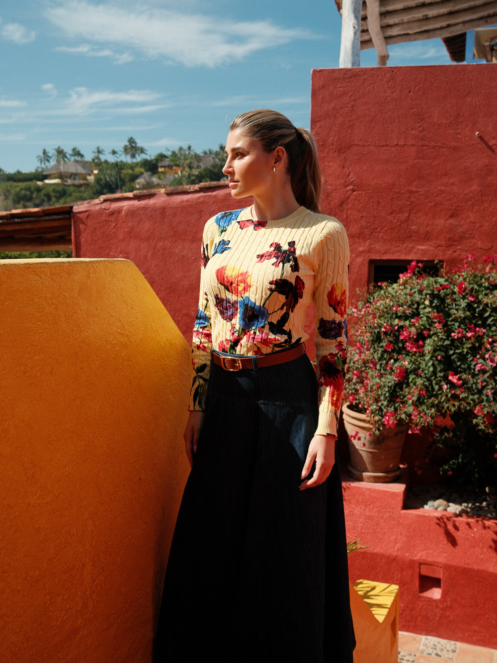 Printed Cable Sweater-Vibrant Floral