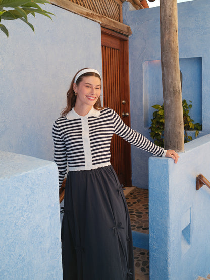 Striped Scalloped Edge Cardigan-Navy/White