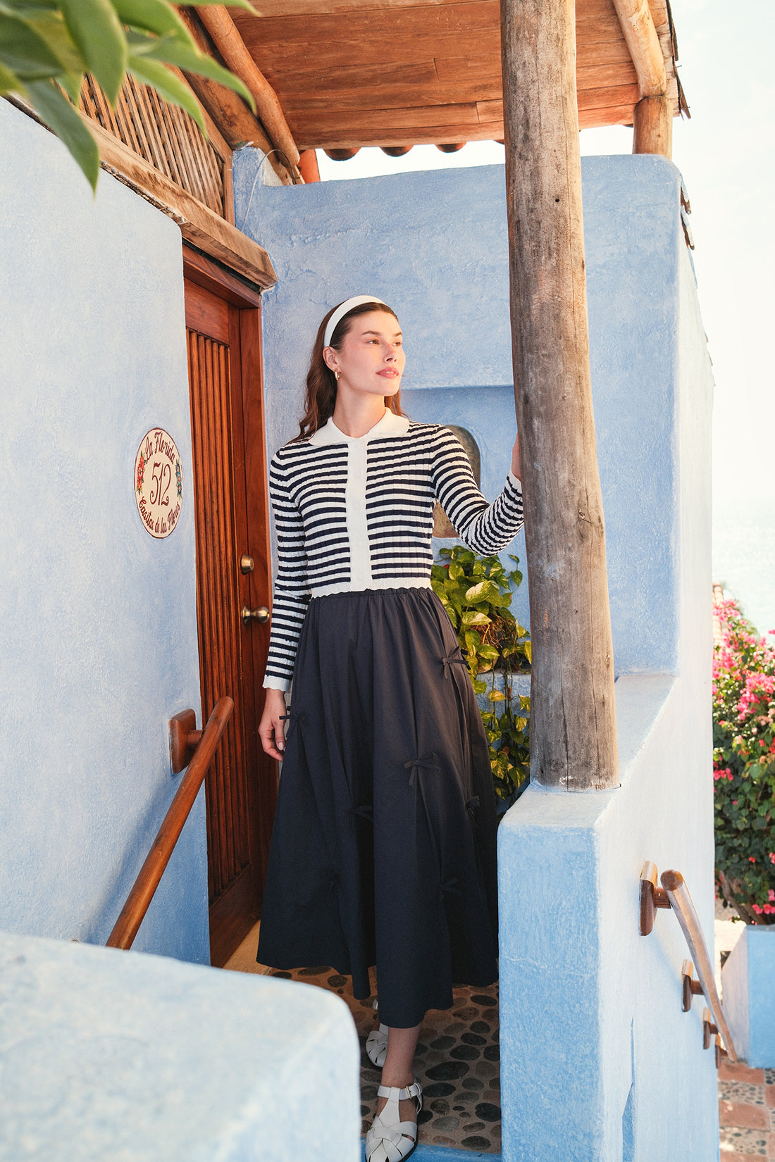 Striped Scalloped Edge Cardigan-Navy/White