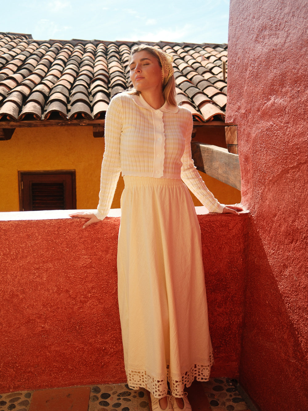 Striped Scalloped Edge Cardigan-Yellow/White