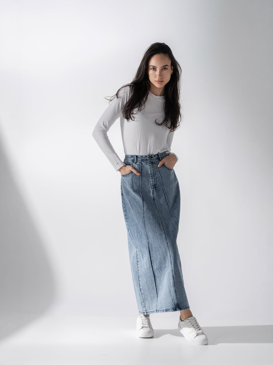 Denim Seamed Skirt-Blue Wash
