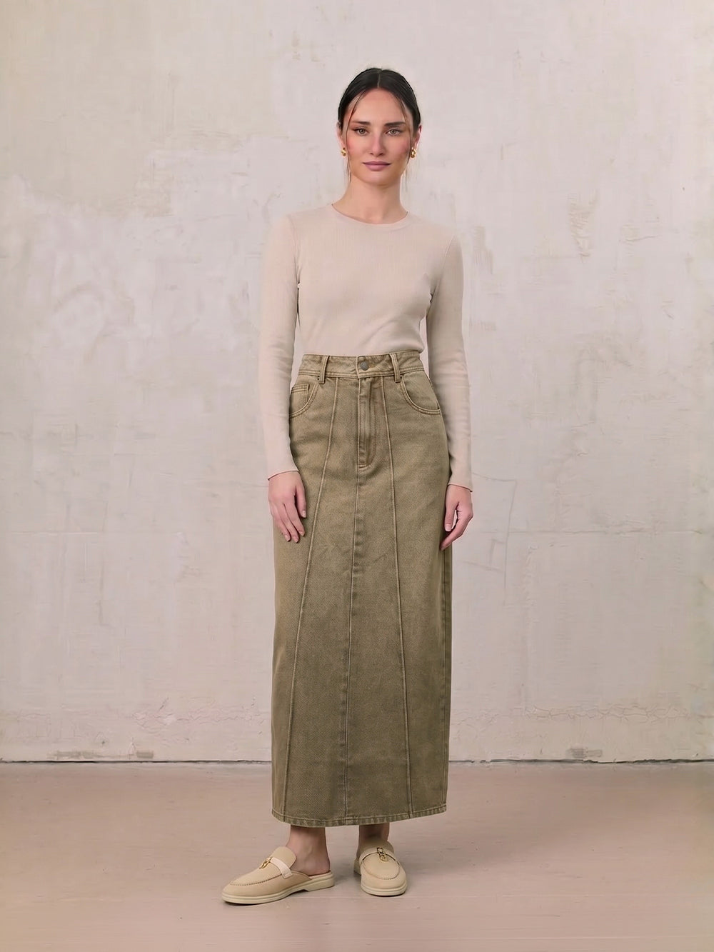 Denim Seamed Skirt-Tan Wash