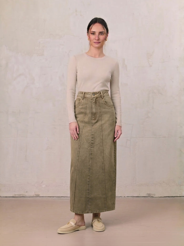 Denim Seamed Skirt-Tan Wash