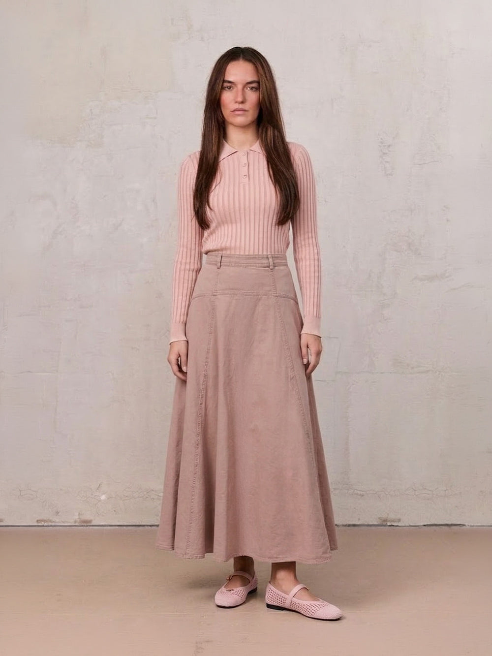 Denim Yoke Circle Skirt-Washed Pink