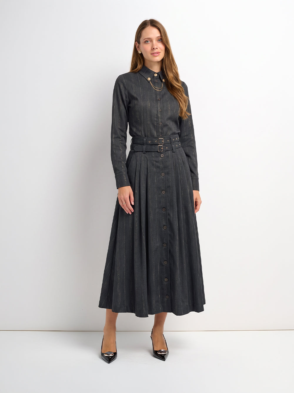 Double Buckle Full Maxi Skirt - Grey Pinstripe