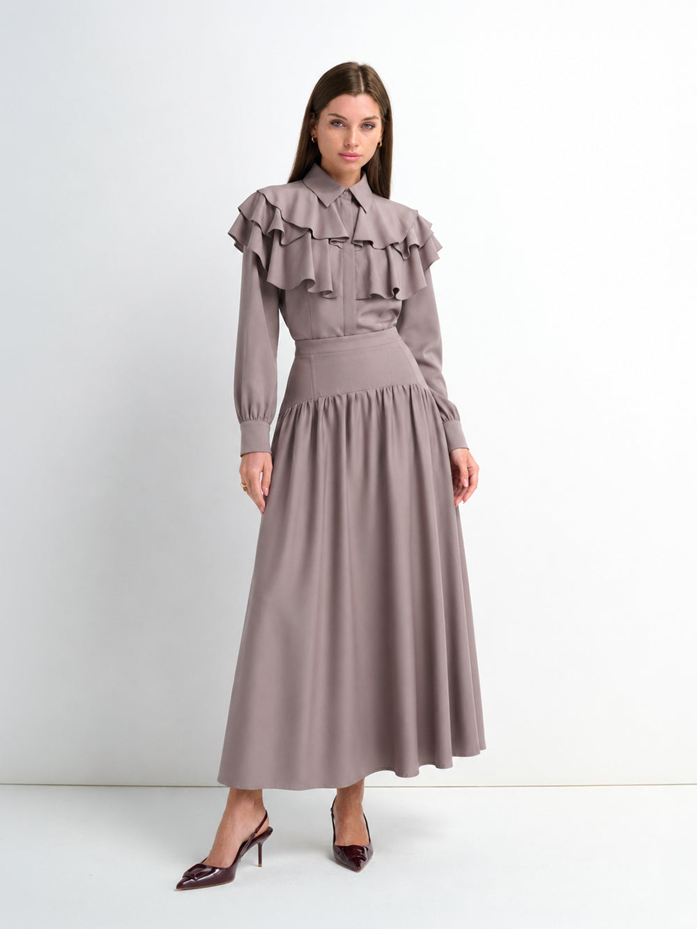 Double Ruffle Faux Satin Blouse - Mauve