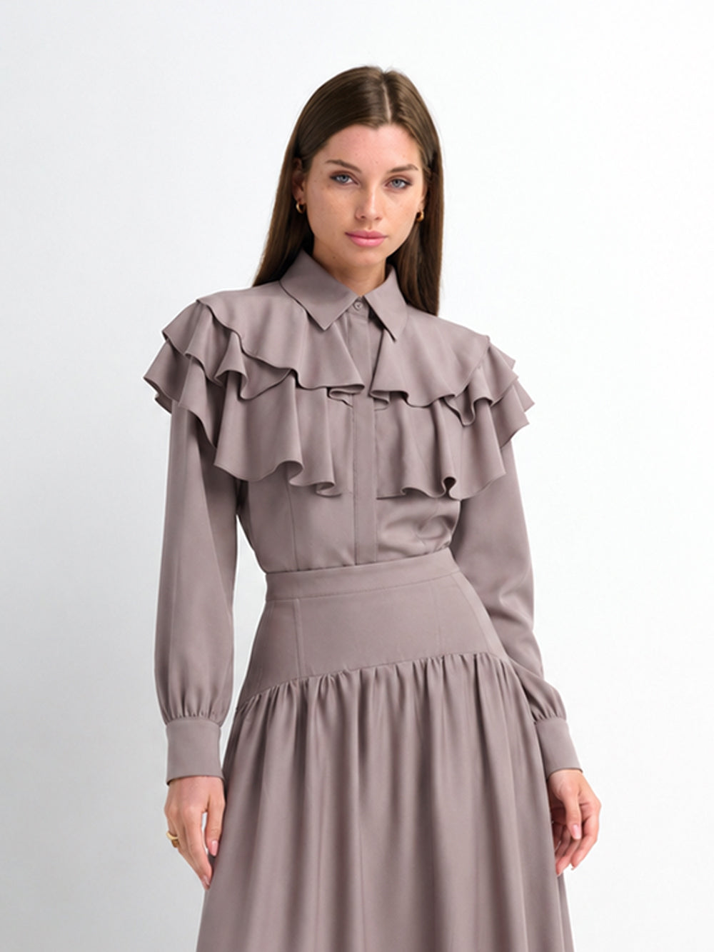 Double Ruffle Faux Satin Blouse - Mauve