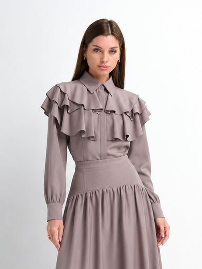 Double Ruffle Faux Satin Blouse - Mauve
