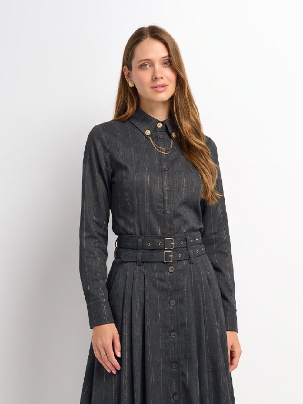 Chain Collar Blouse - Grey Pinstripe