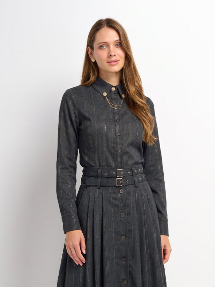 Chain Collar Blouse - Grey Pinstripe