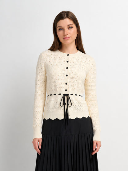Drawstring Crochet Sweater-Cream