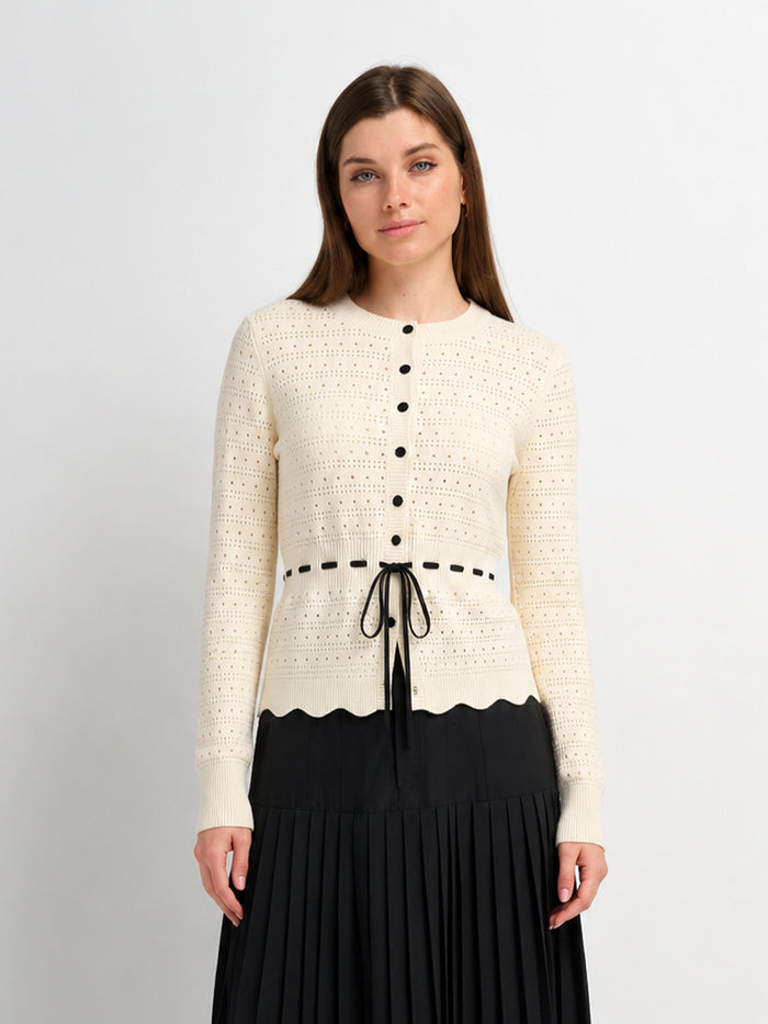 Drawstring Crochet Sweater-Cream