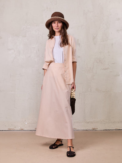 Elastic Back Maxi Cotton Blend Skirt-Bone