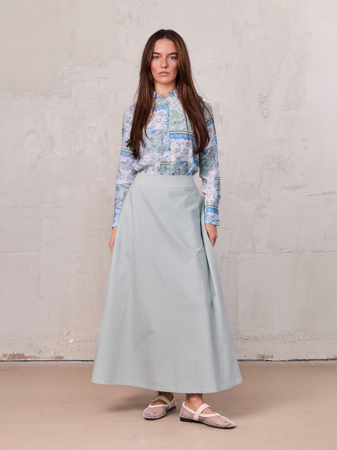 Elastic Back Maxi Cotton Blend Skirt-Dusty Mint