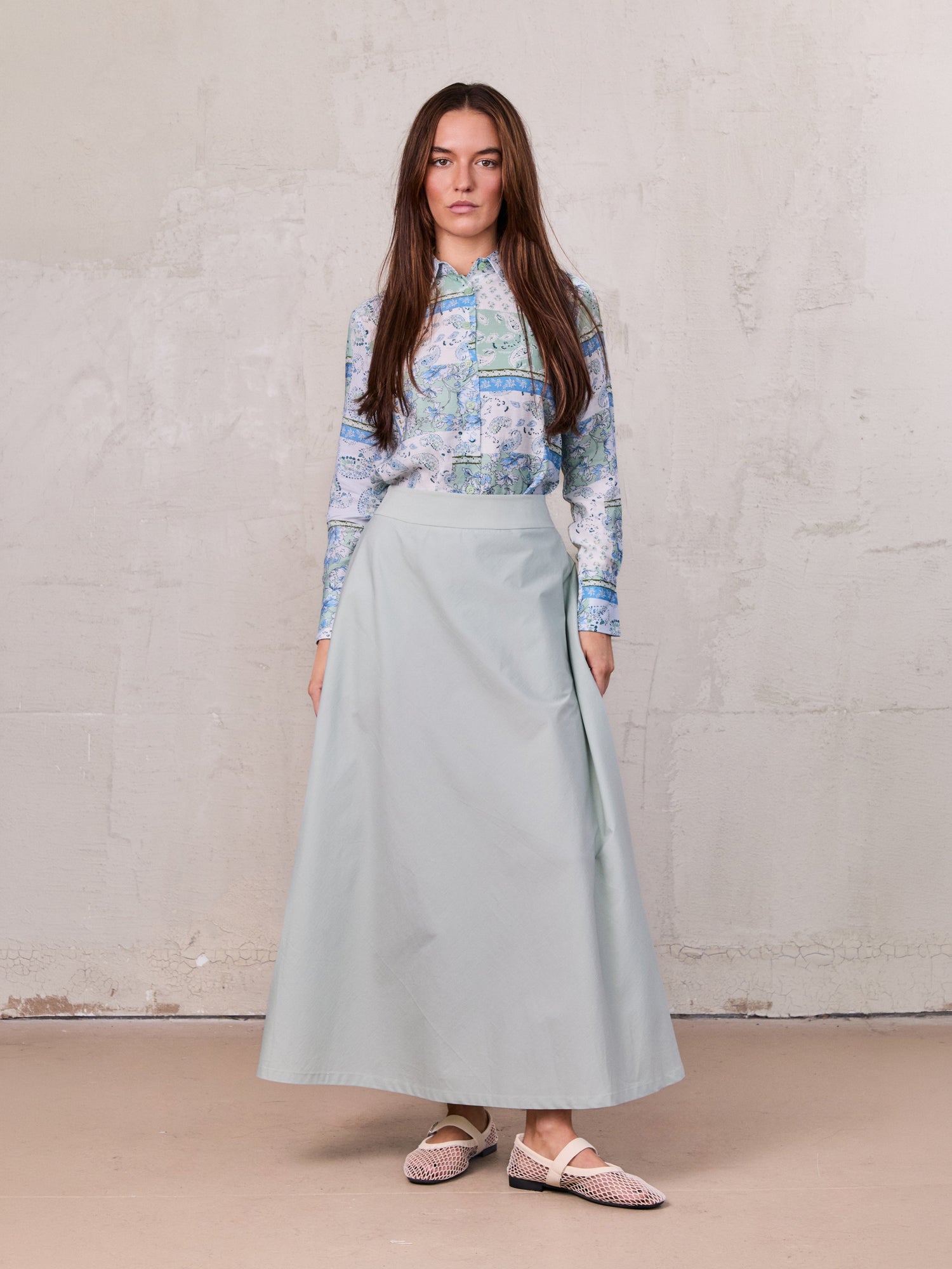 Elastic Back Maxi Cotton Blend Skirt-Dusty Mint