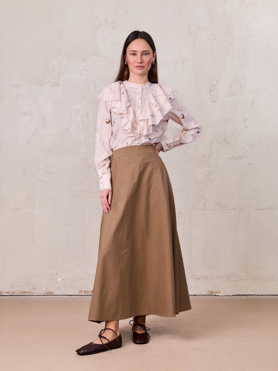 Elastic Back Maxi Cotton Blend Skirt-Mocha Mousse