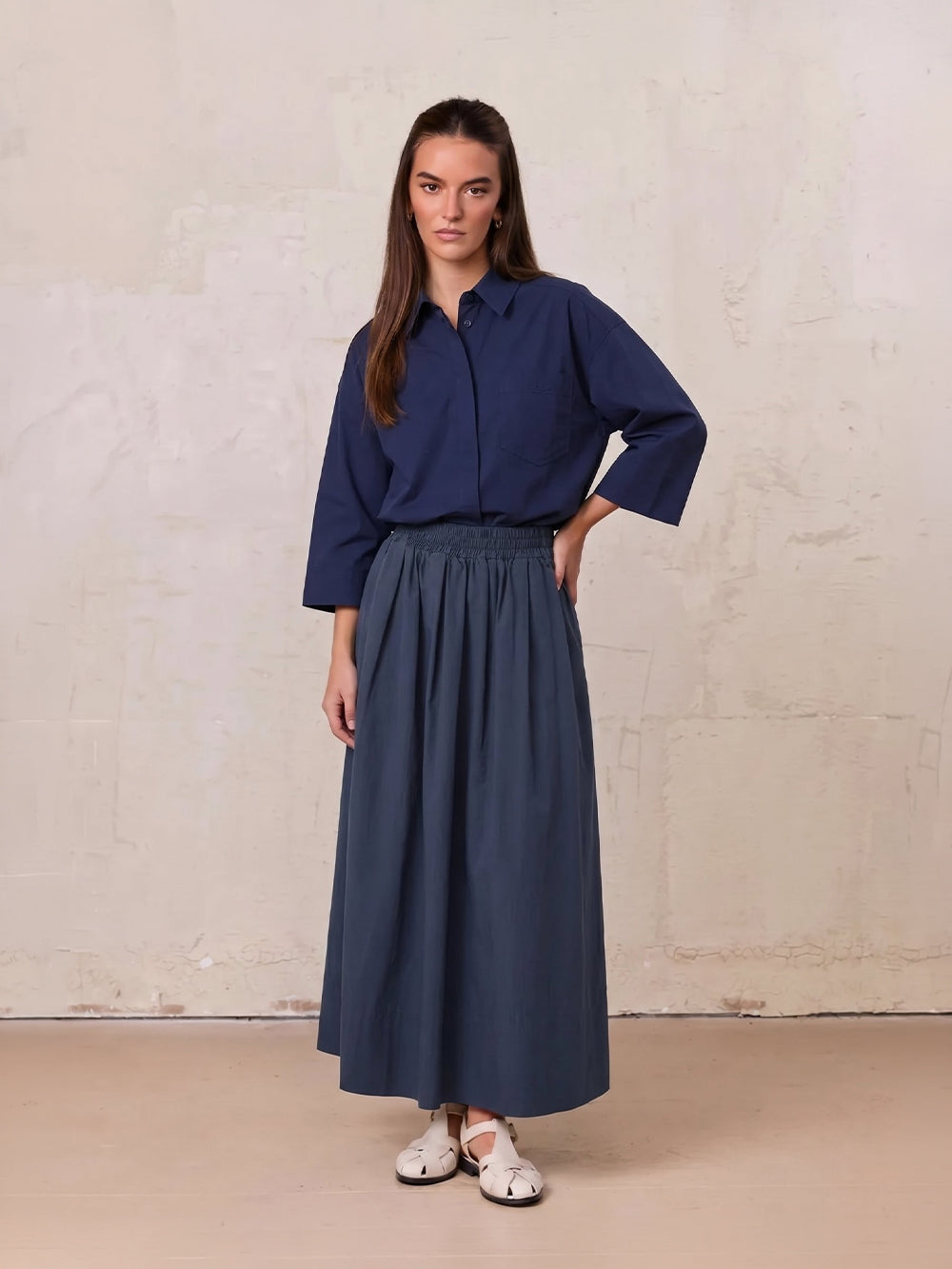 Elastic Waist Gathered Skirt-Navy