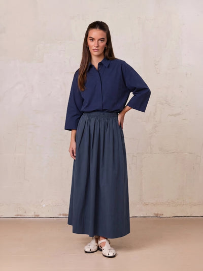 Elastic Waist Gathered Skirt-Navy