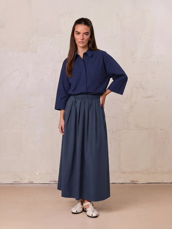 Elastic Waist Gathered Skirt-Navy