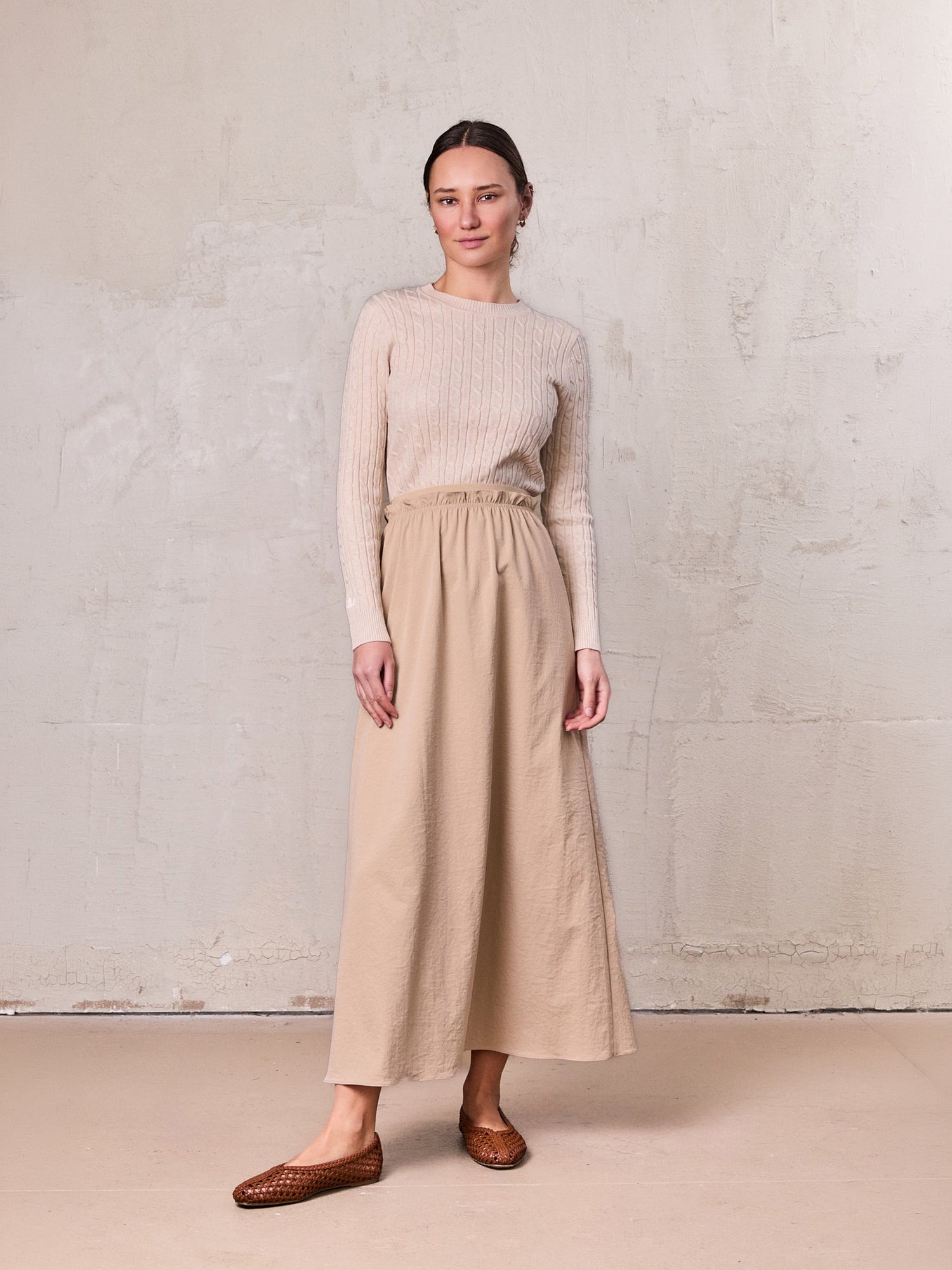 Elastic Waist Ruffle Skirt-Bone