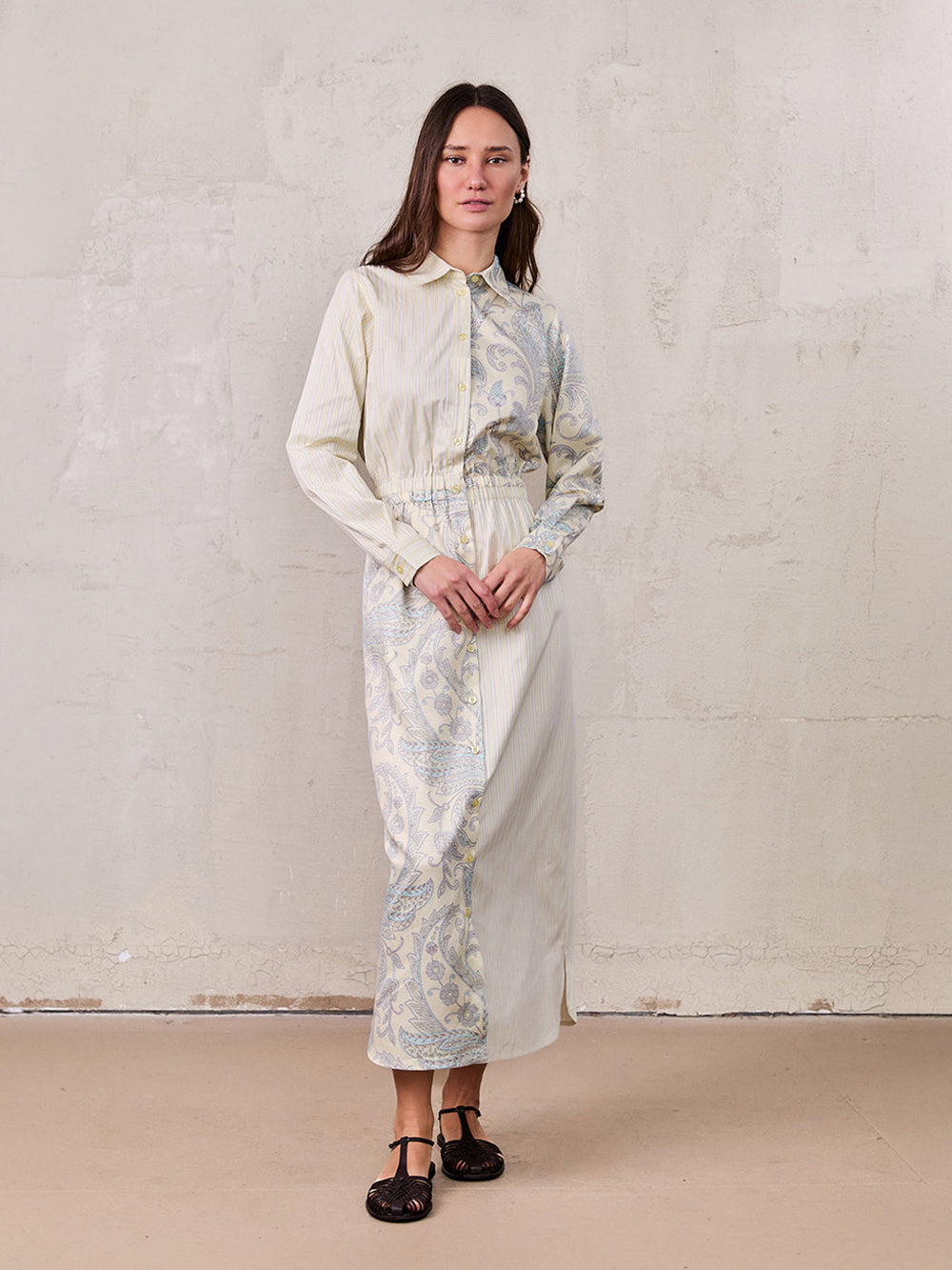 Elastic Waist Shirtdress-Mixed Floral and Stripe