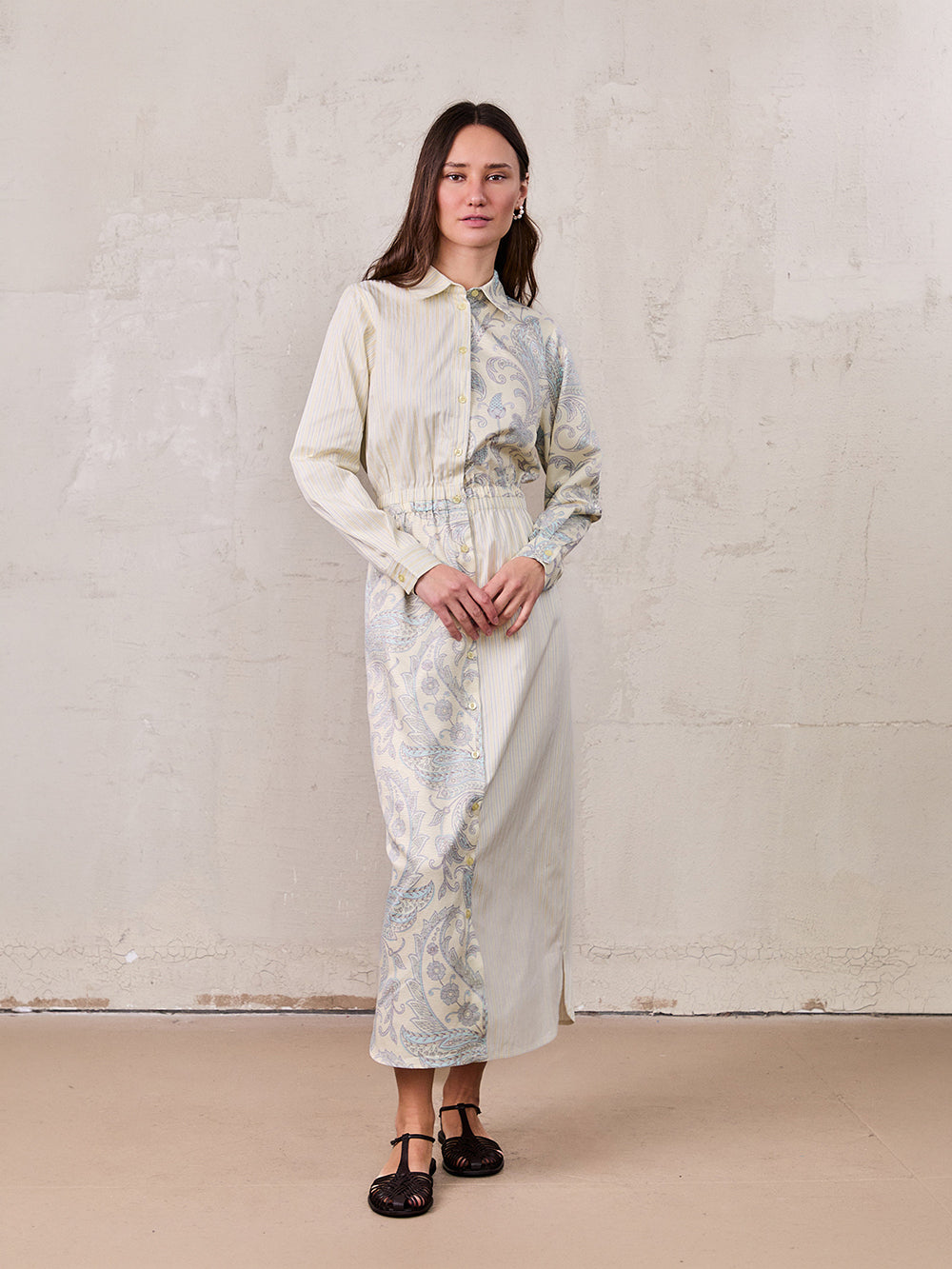 Elastic Waist Shirtdress-Mixed Floral and Stripe