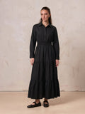 Elastic Waist Tiered Shirtdress-Black