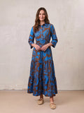 Elastic Waist Tiered Shirtdress-Brown/Blue Floral