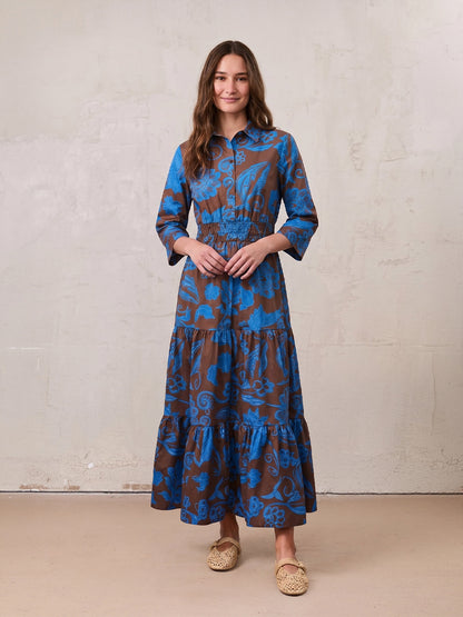 Elastic Waist Tiered Shirtdress-Brown/Blue Floral
