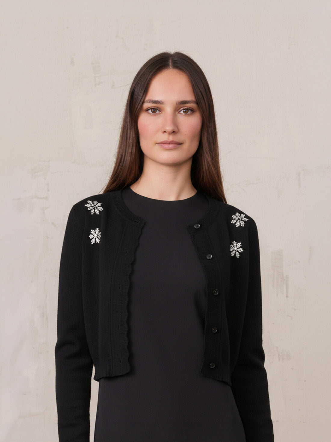 Embellished Cluster Crop Cardigan-Black