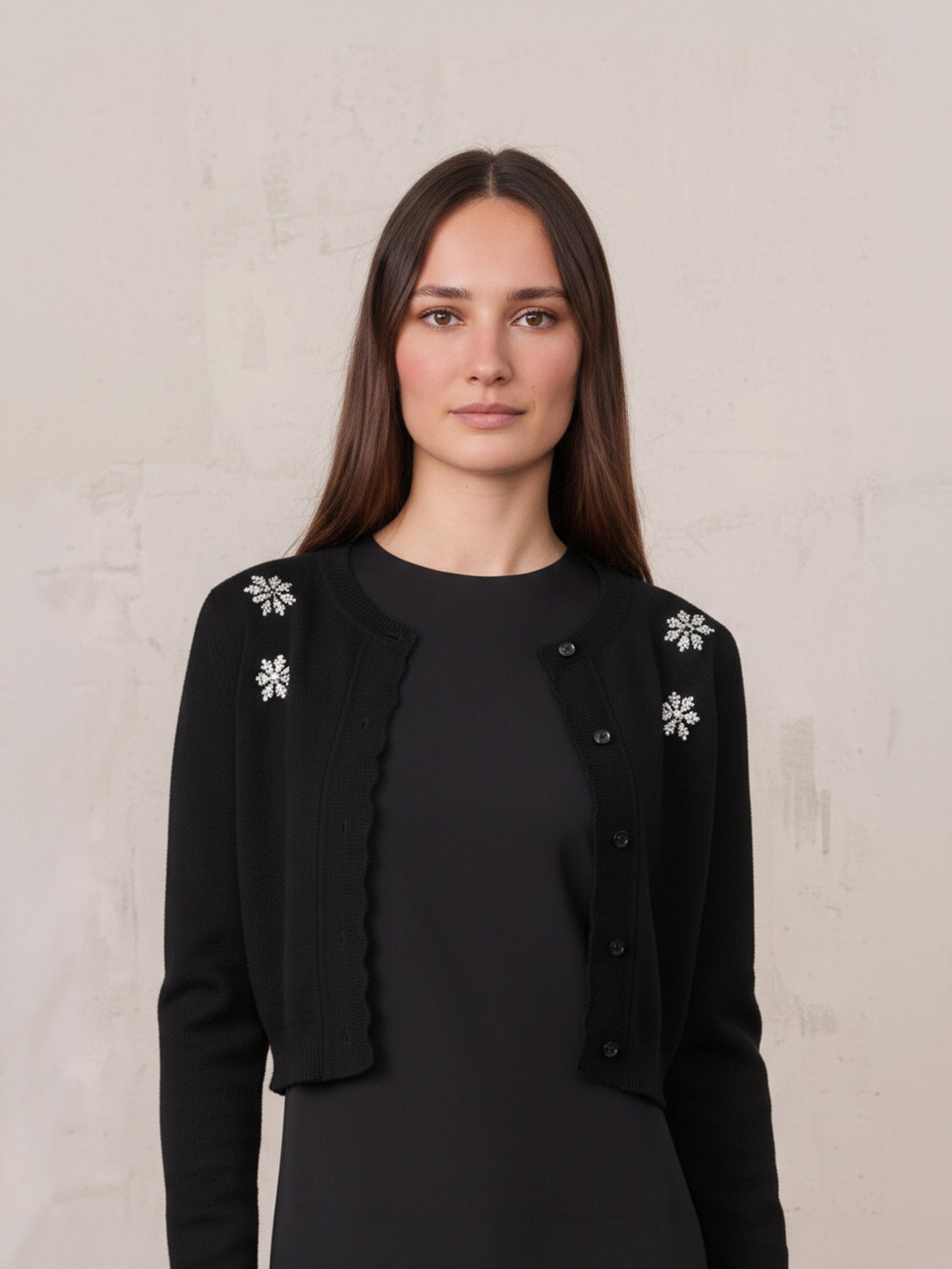 Embellished Cluster Crop Cardigan-Black