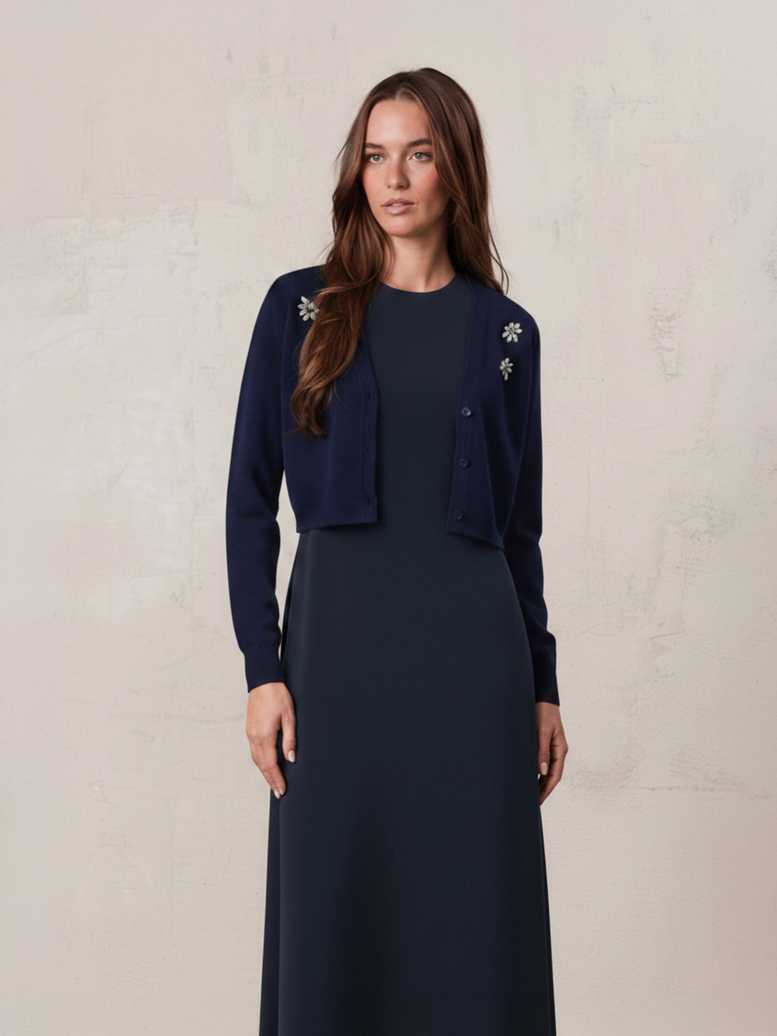 Embellished Cluster Crop Cardigan-Navy