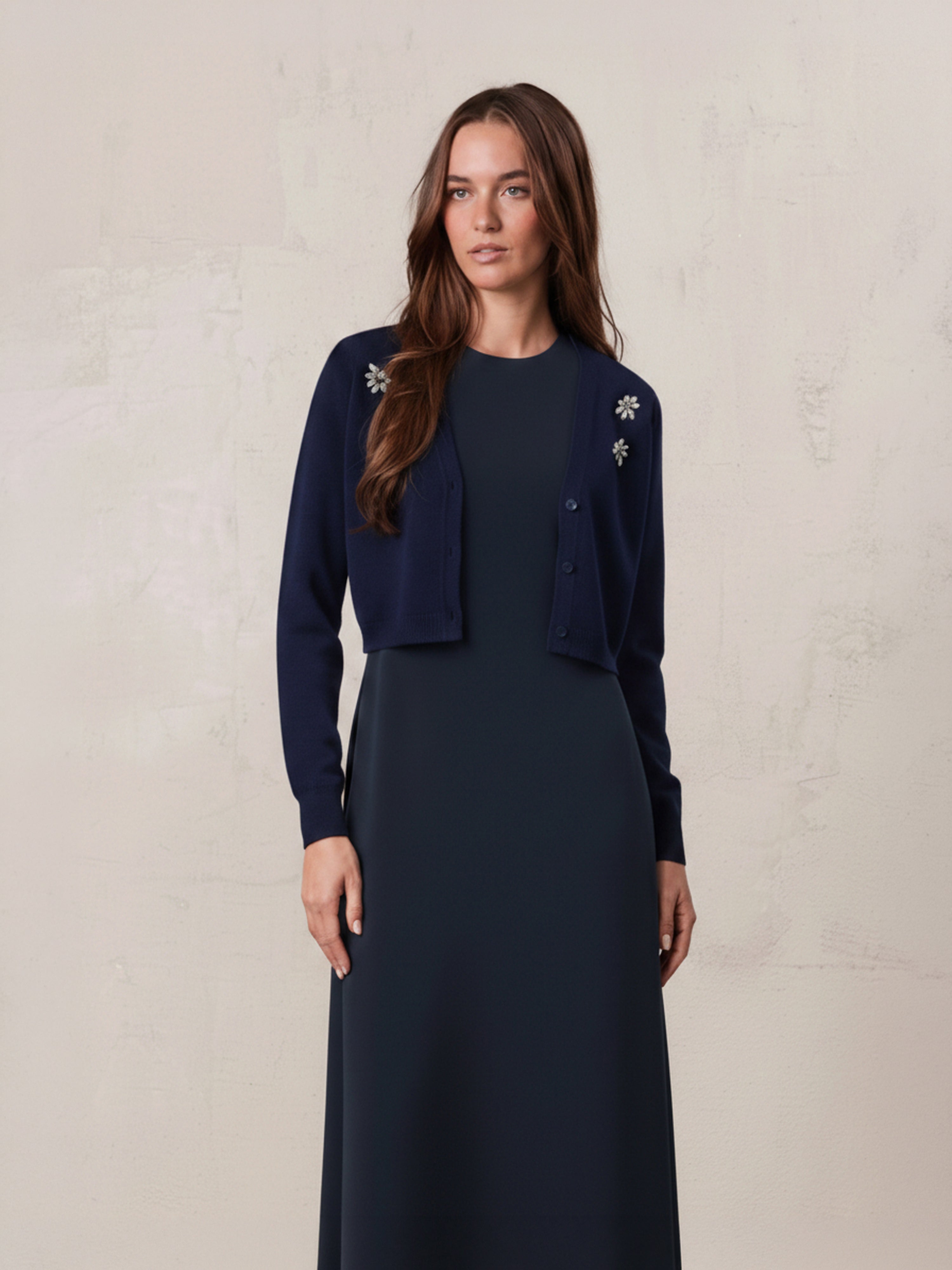 Embellished Cluster Crop Cardigan-Navy