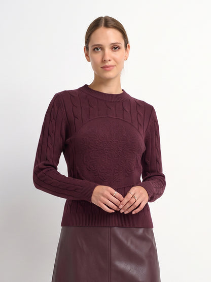 Embossed Cable Sweater - Burgundy