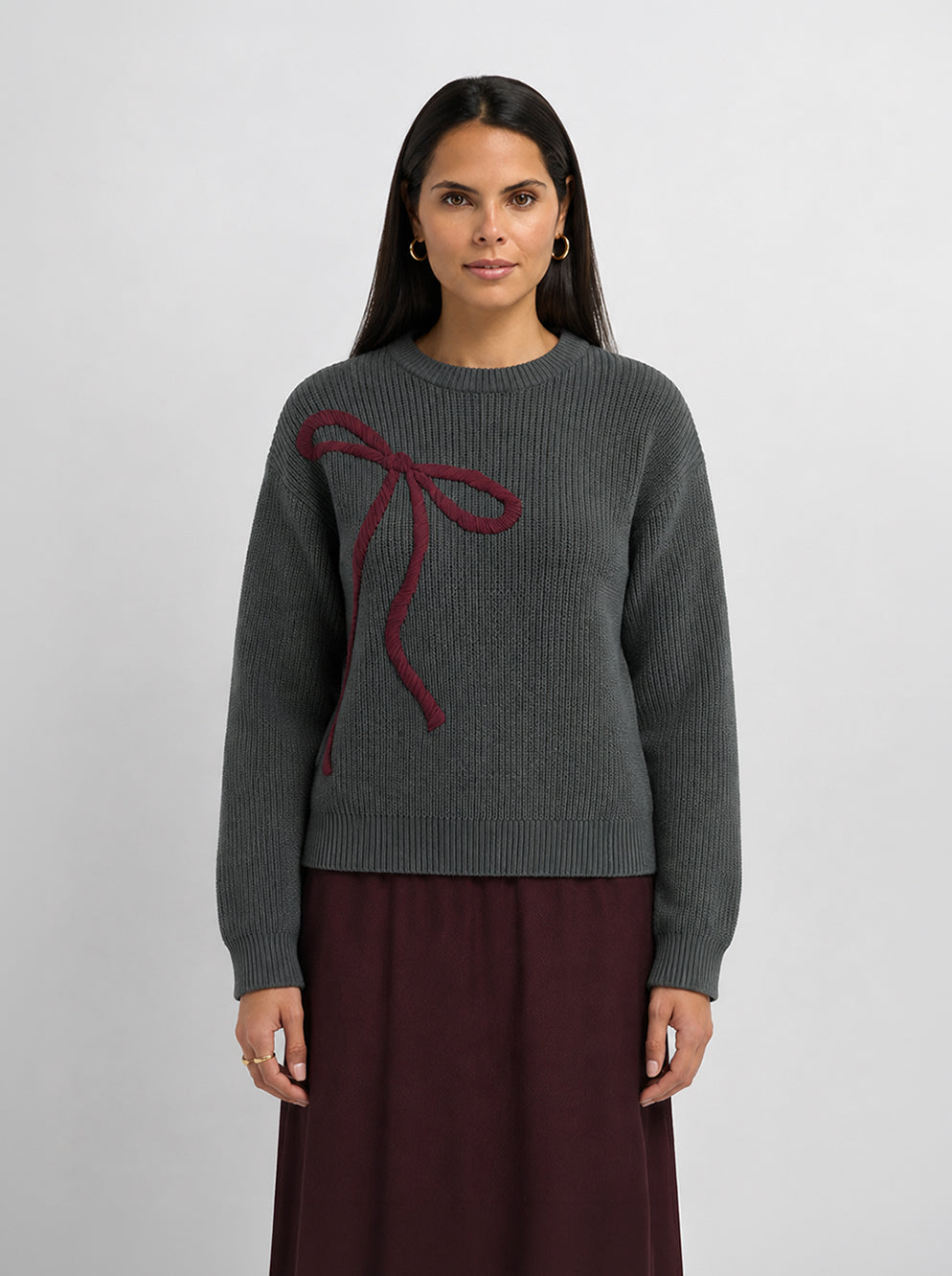 Embroidered Bow Sweater - Grey/Burgundy