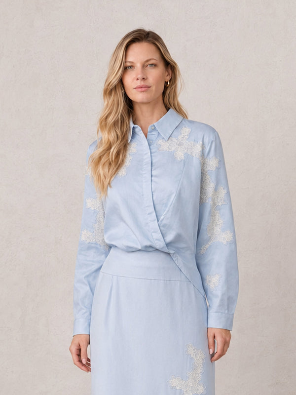 Lace Cutout Cotton Crossover Top-Light Blue