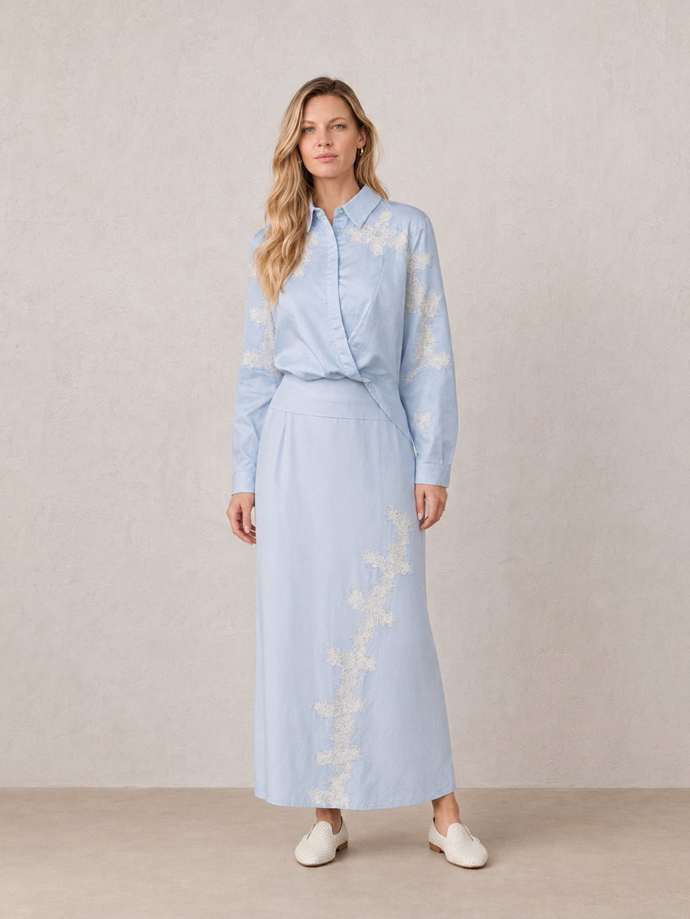 Lace Cutout Cotton Crossover Top-Light Blue