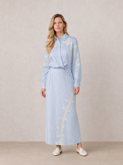 Lace Cutout Cotton Crossover Top-Light Blue